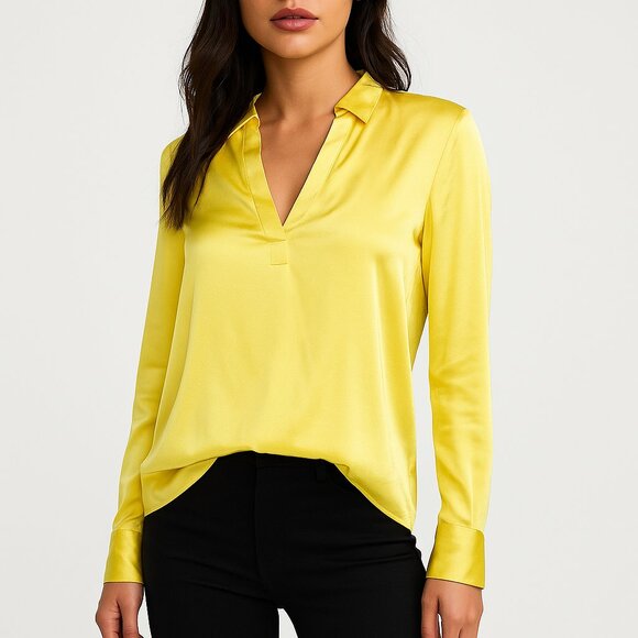 Symphony + Note (NWOT) Women's Yellow Satin Blouse Long Sleeve V-Neck Small - Picture 1 of 4